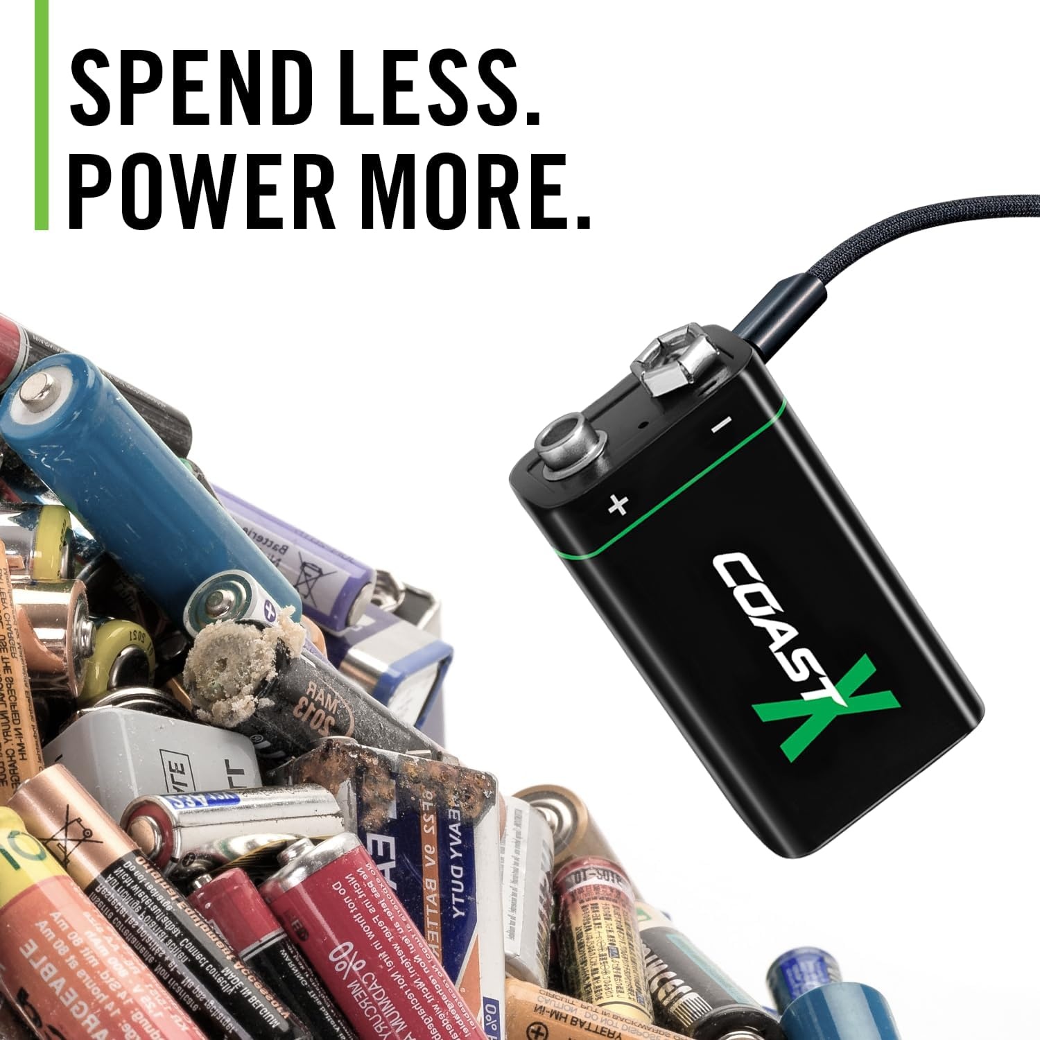 Coast ZX 9V USB-C Rechargeable Batteries, ZITHION-X, Lithium Ion 1.5v 560 mAh, Long Lasting, Charges Under 3 Hours, Charging Cable Included, 2-Battery Pack