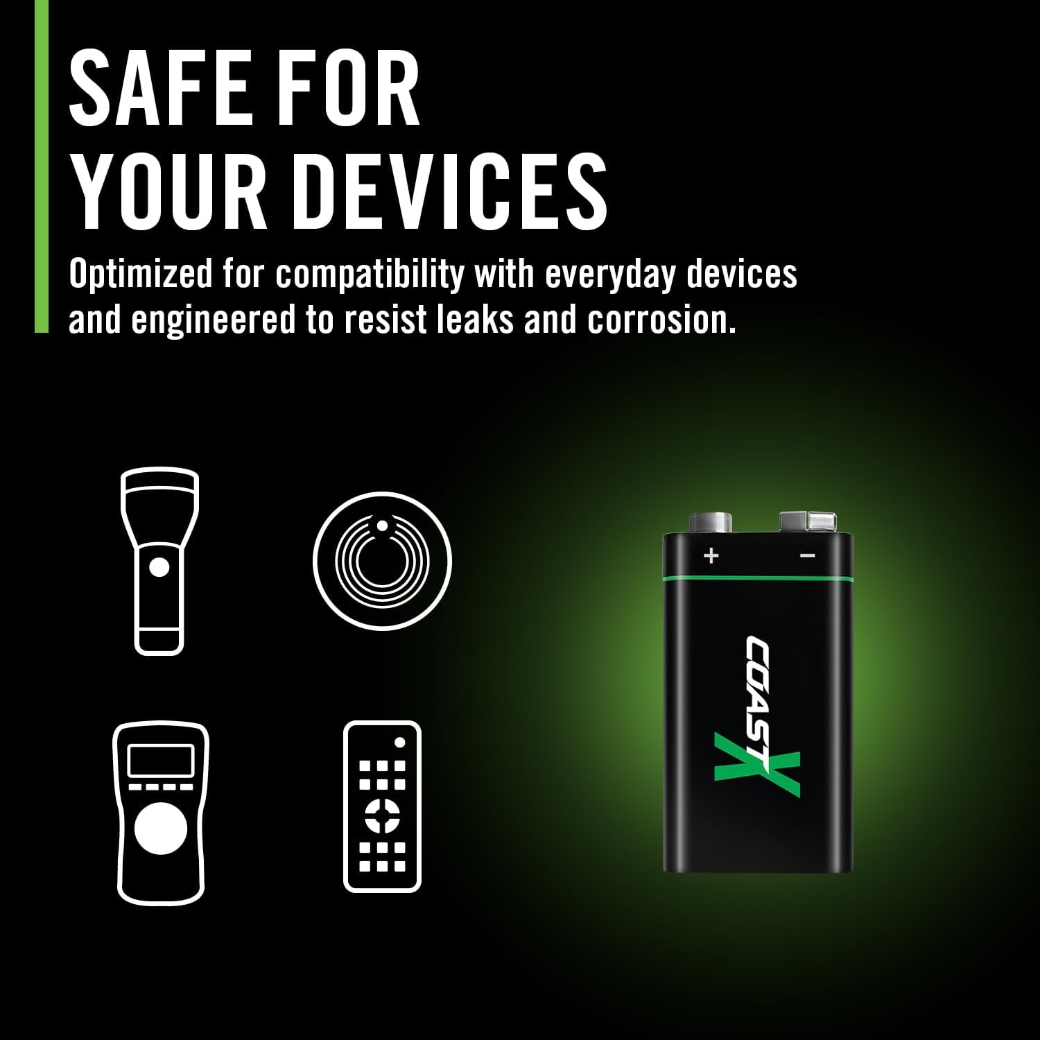 Coast ZX 9V USB-C Rechargeable Batteries, ZITHION-X, Lithium Ion 1.5v 560 mAh, Long Lasting, Charges Under 3 Hours, Charging Cable Included, 2-Battery Pack