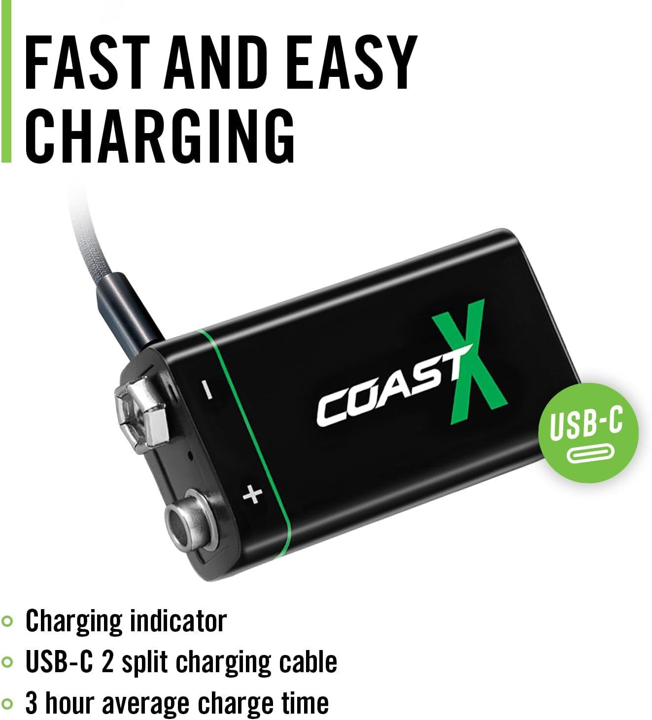 Coast ZX 9V USB-C Rechargeable Batteries, ZITHION-X, Lithium Ion 1.5v 560 mAh, Long Lasting, Charges Under 3 Hours, Charging Cable Included, 2-Battery Pack