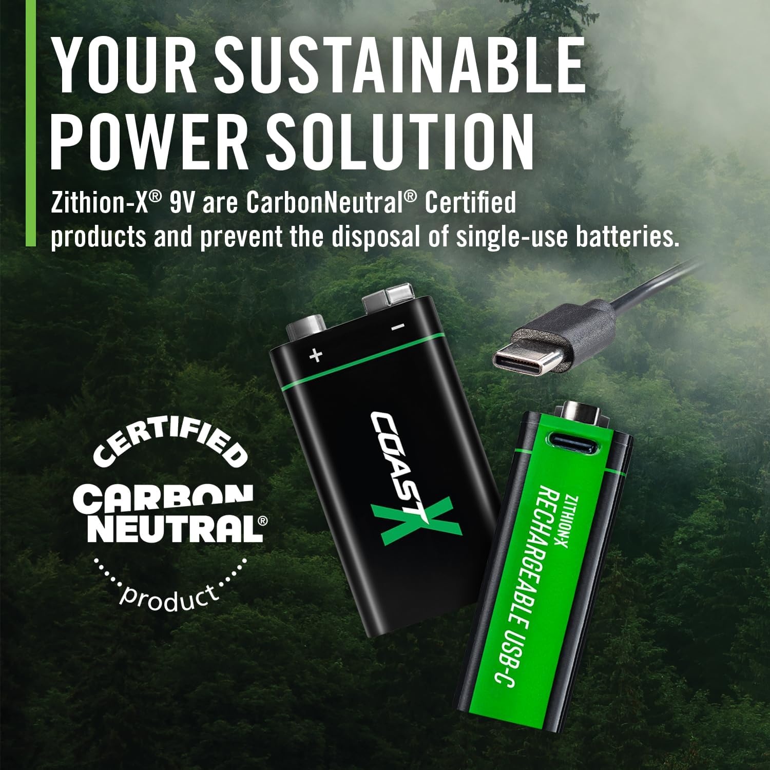 Coast ZX 9V USB-C Rechargeable Batteries, ZITHION-X, Lithium Ion 1.5v 560 mAh, Long Lasting, Charges Under 3 Hours, Charging Cable Included, 2-Battery Pack