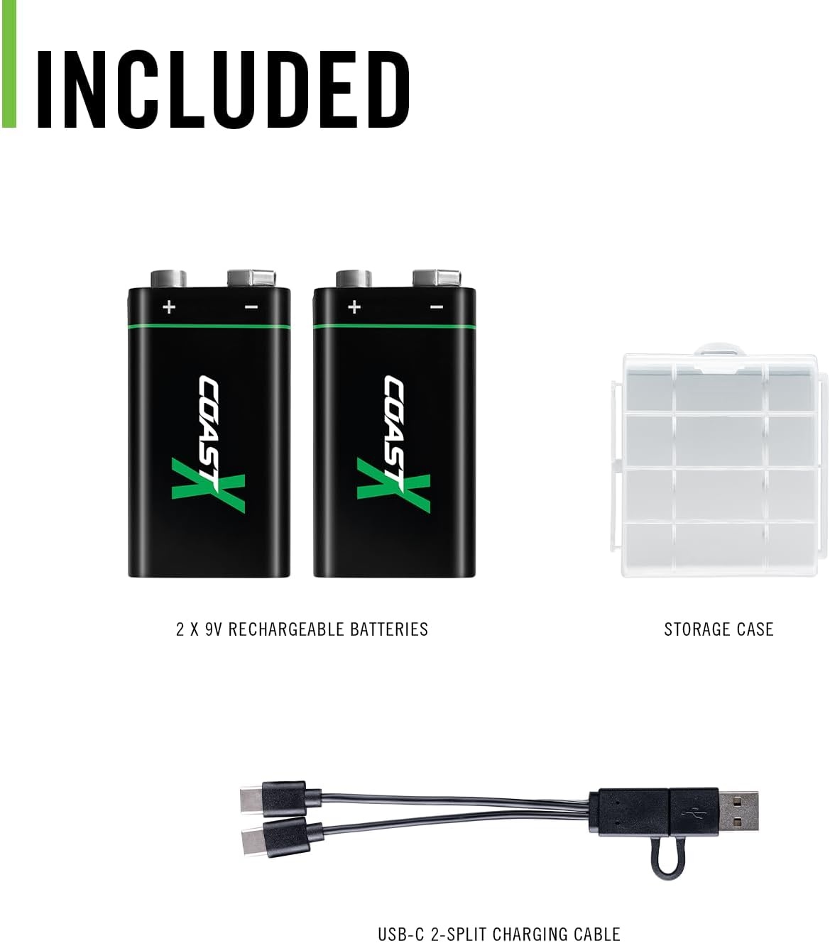 Coast ZX 9V USB-C Rechargeable Batteries, ZITHION-X, Lithium Ion 1.5v 560 mAh, Long Lasting, Charges Under 3 Hours, Charging Cable Included, 2-Battery Pack
