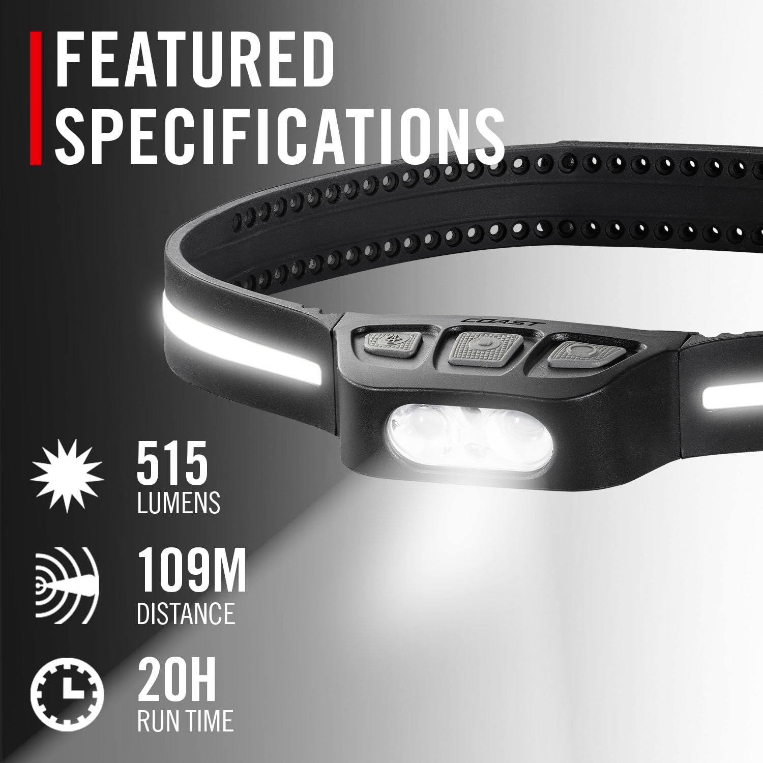 Coast LHS500R 500 Lumen Waterproof Rechargeable LED Headlamp, 360-Degree Safety Lighting, Silicone Head Strap, Four Light Modes, Memory Mode