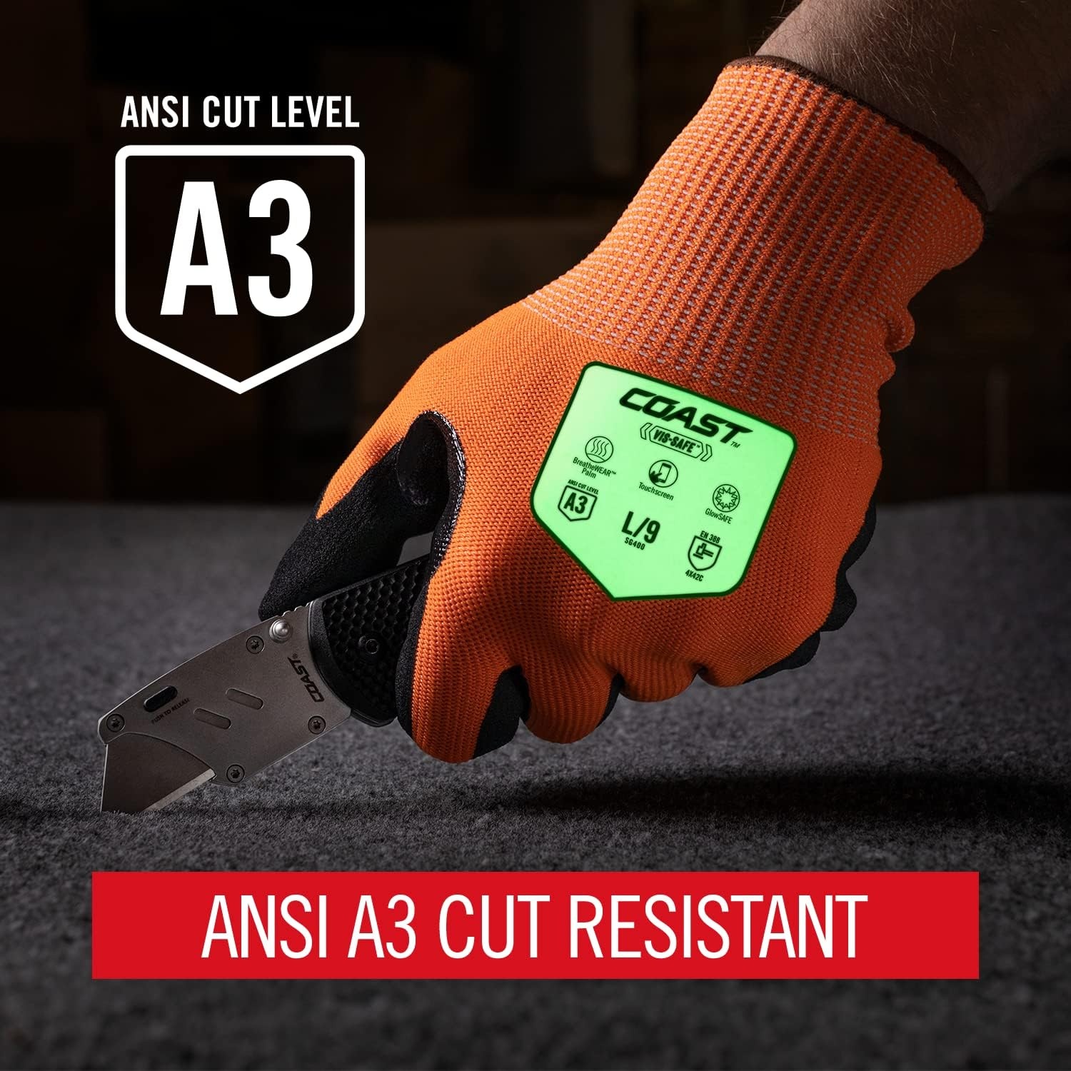 Coast SG400 High Visibility Nitrile Safety Gloves, ANSI Cut Level A3, Touchscreen Compatible, Breathable, Orange, Extra-Large