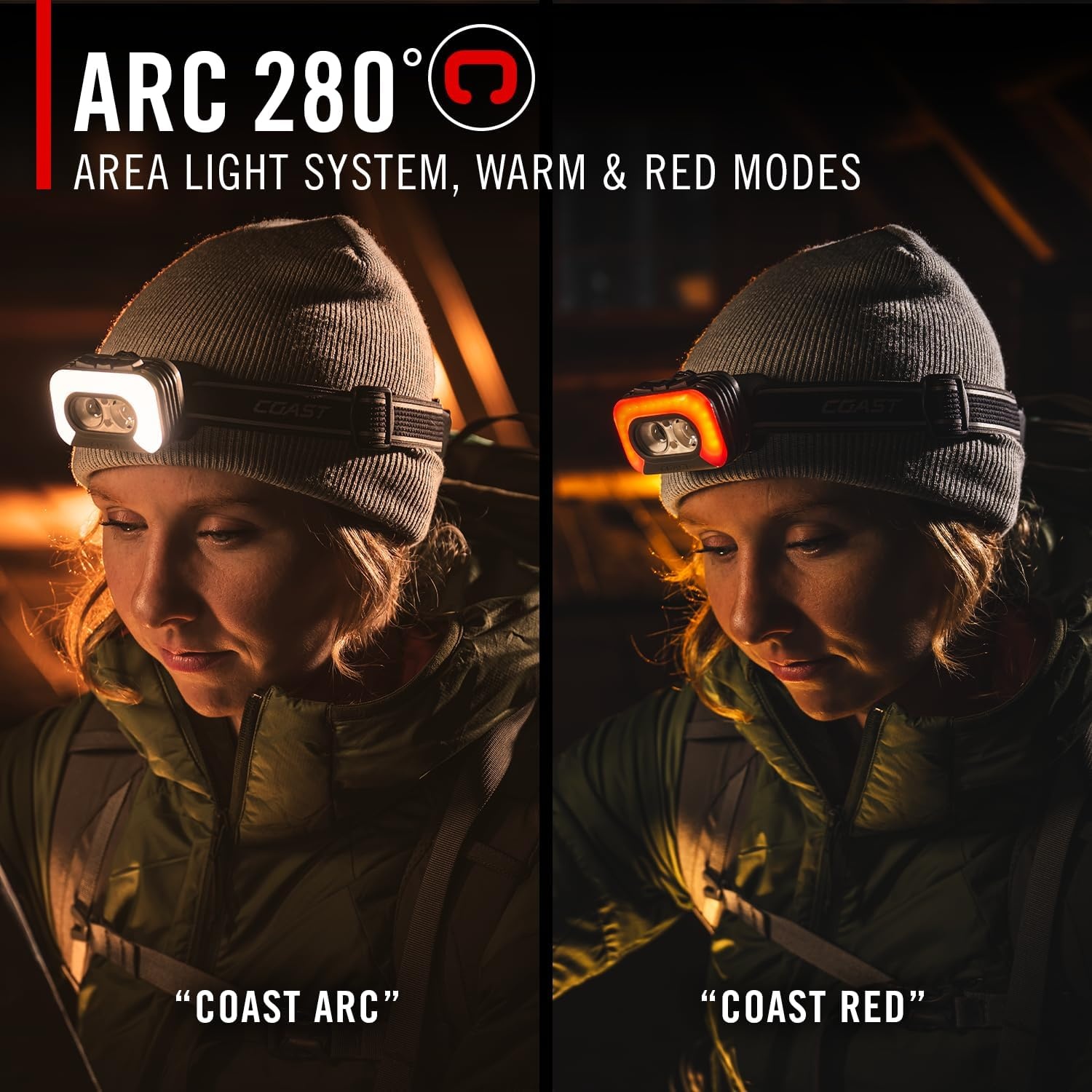 Coast RL35R Voice-Controlled 1100 Lumen Rechargeable LED Headlamp with ARC280™ Lighting, 4 Color Modes, Rear-Facing Safety Signal, Variable Light Control and USB-C Charge Port