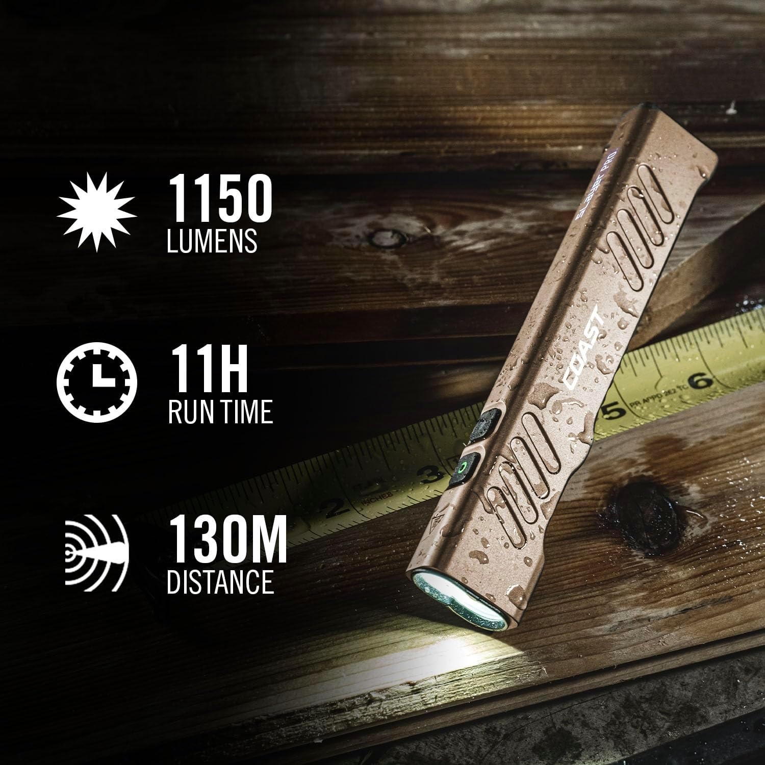 Coast Slayer 1150 Lumen USB-C Rechargeable LED Flashlight with Spot/Flood, Memory Mode and Pocket Clip, Silver(Dune)