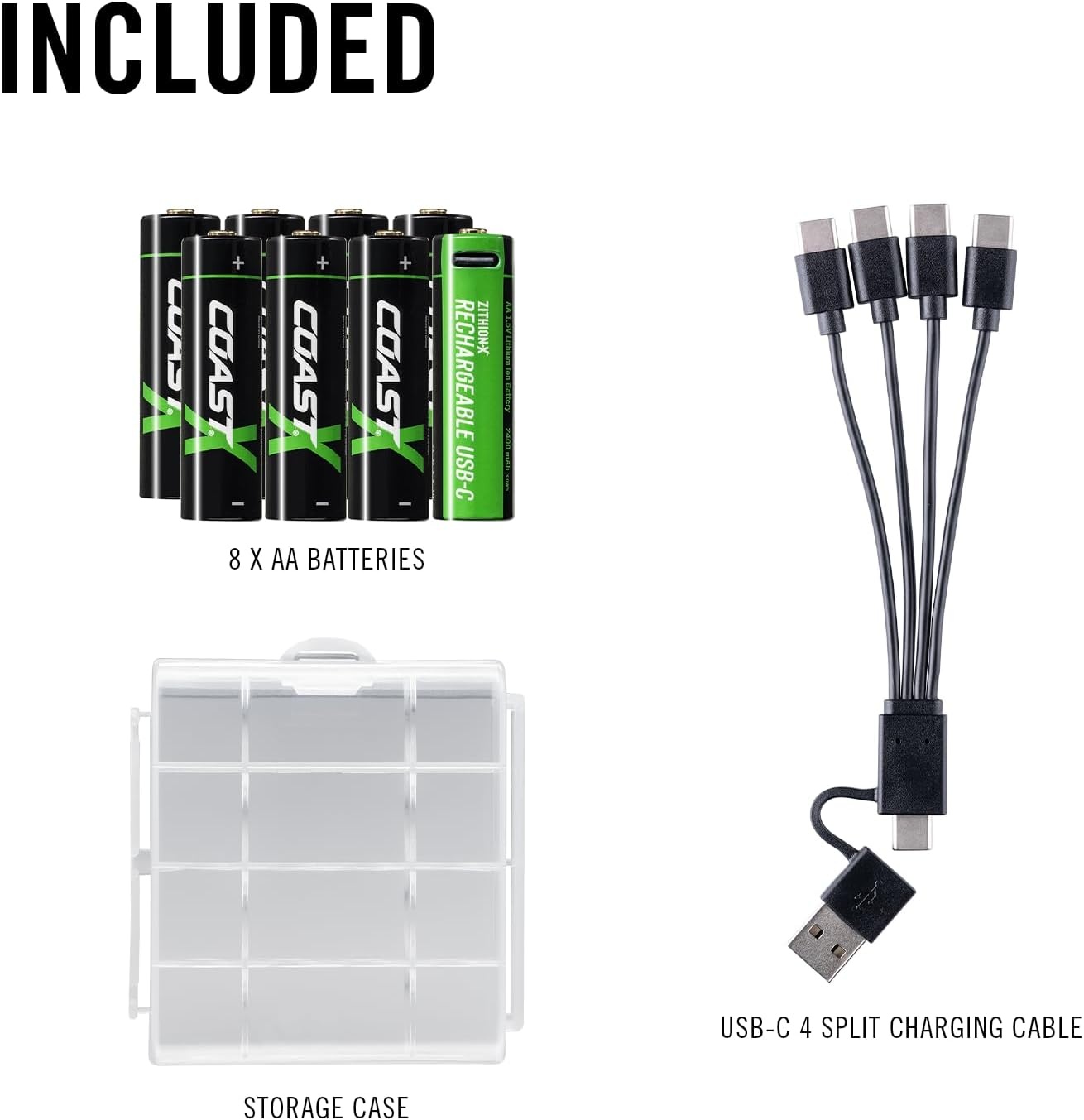 Coast AA USB-C Rechargeable Batteries, ZITHION-X, Lithium Ion 1.5v 2400 mAh, Long Lasting, Charges Under 2.5 Hours, Charging Cable Included, 8-Battery Pack(AA USB-C  8-Pack)