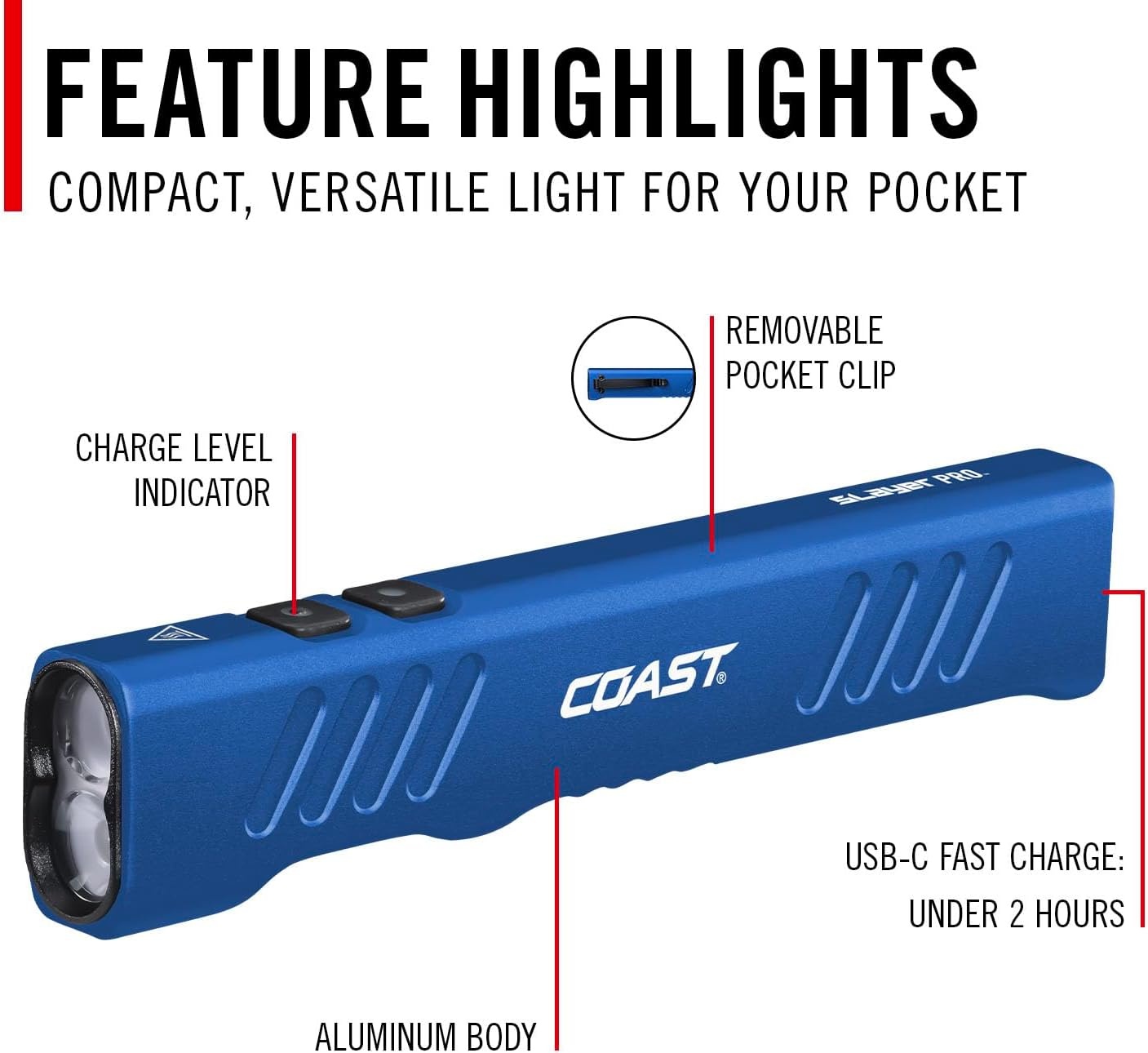 Coast Slayer 1150 Lumen USB-C Rechargeable LED Flashlight with Spot/Flood, Memory Mode and Pocket Clip, Silver(Blue)
