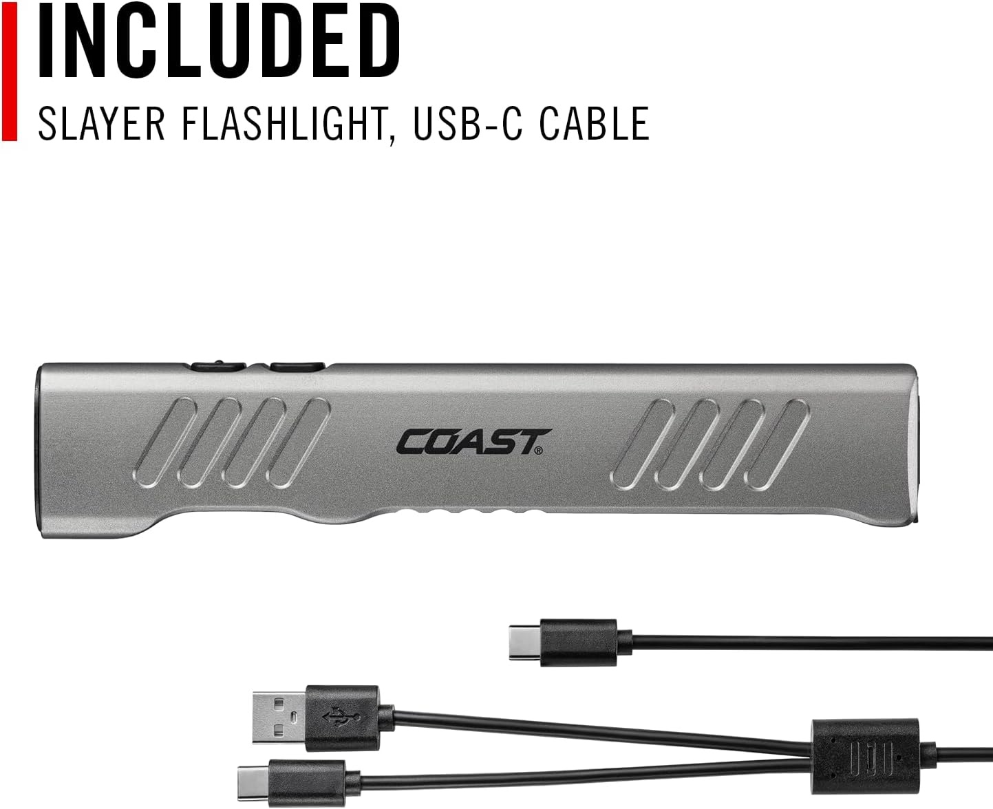 Coast Slayer 1150 Lumen USB-C Rechargeable LED Flashlight with Spot/Flood, Memory Mode and Pocket Clip, Silver(Silver)