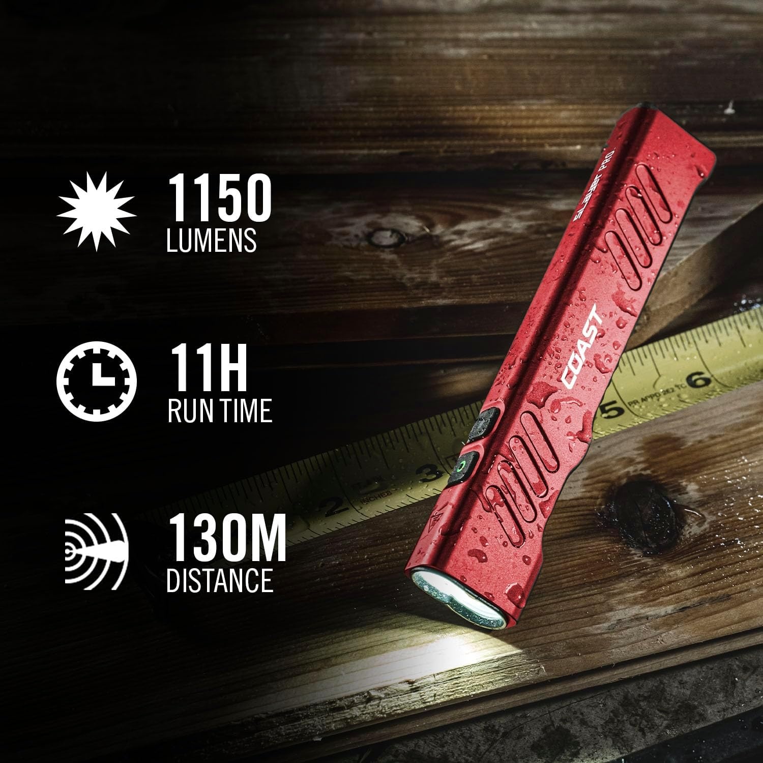 Coast Slayer 1150 Lumen USB-C Rechargeable LED Flashlight with Spot/Flood, Memory Mode and Pocket Clip, Silver(Red)