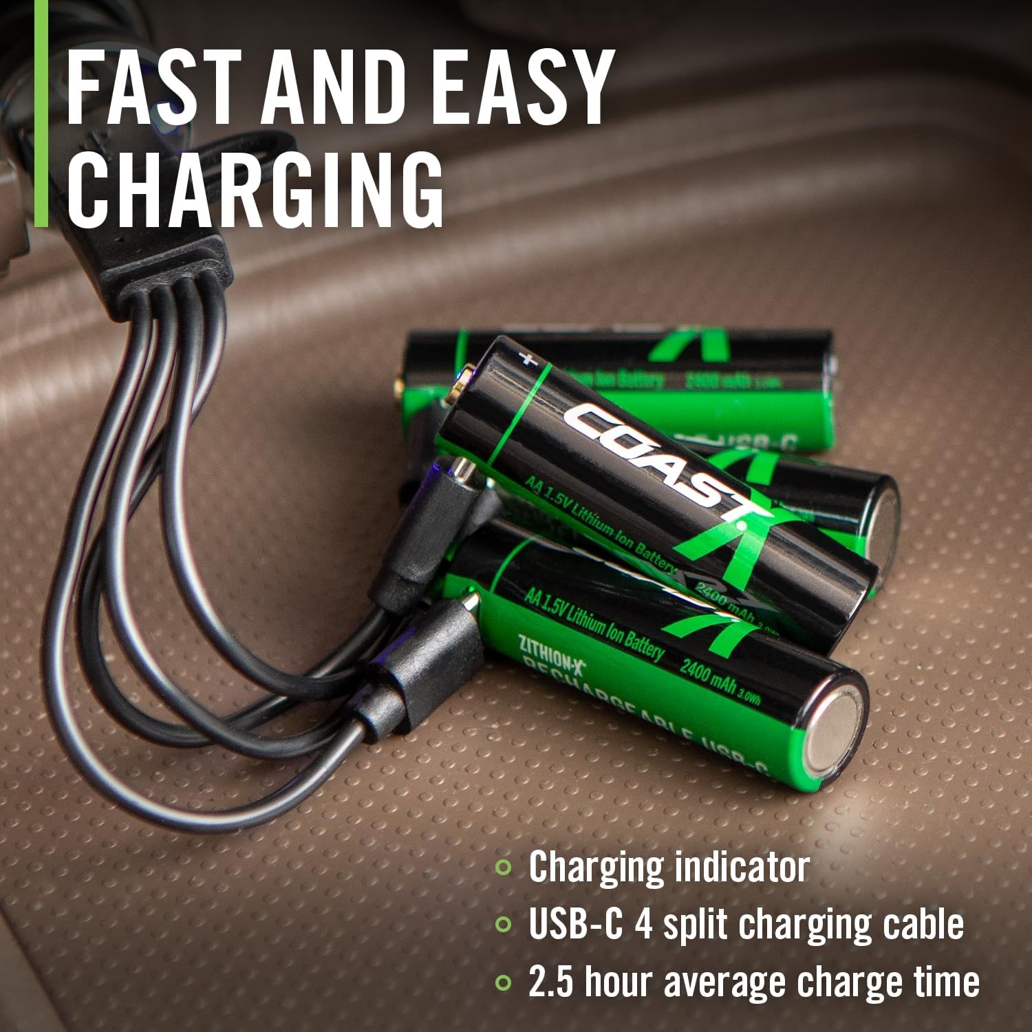 Coast AA USB-C Rechargeable Batteries, ZITHION-X, Lithium Ion 1.5v 2400 mAh, Long Lasting, Charges Under 2.5 Hours, Charging Cable Included, 8-Battery Pack(AA USB-C  4-Pack)