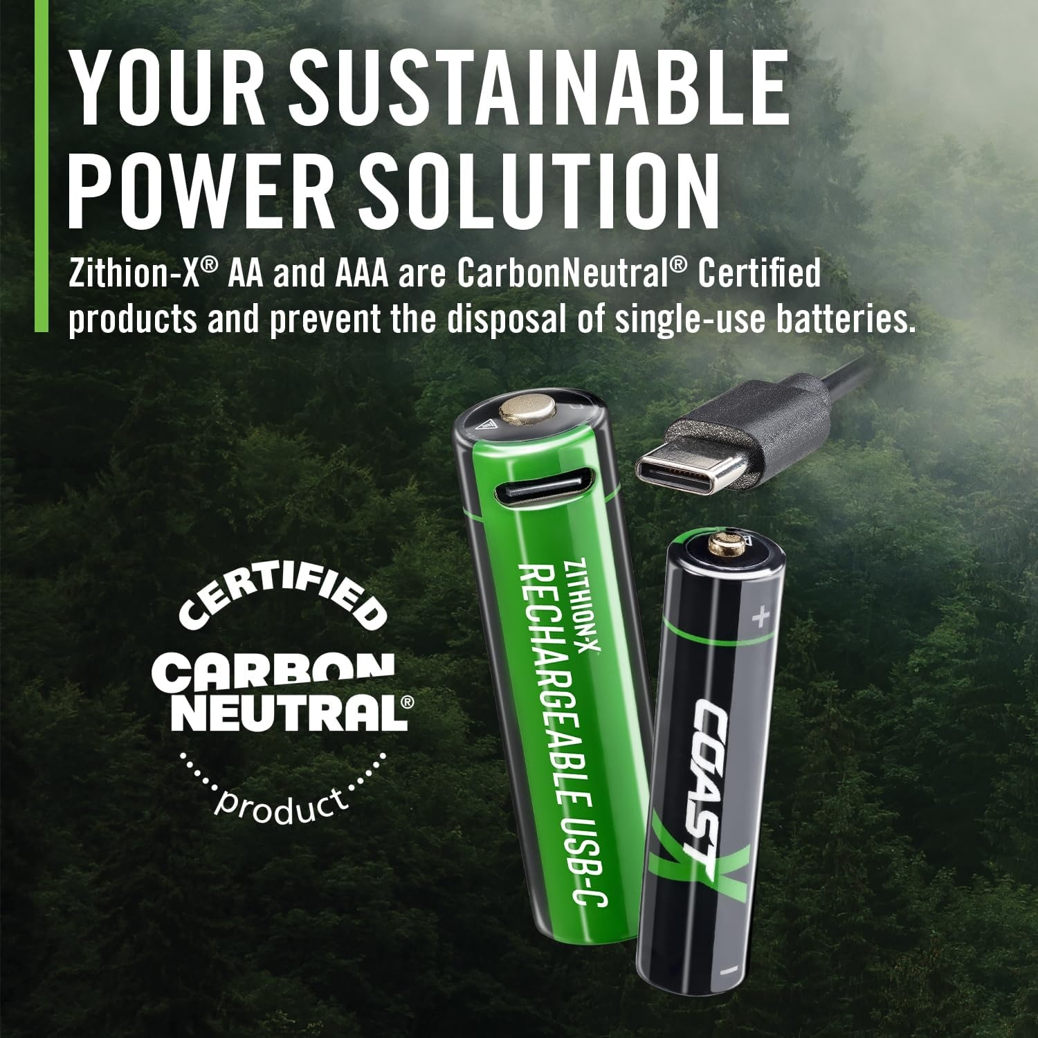 Coast AA USB-C Rechargeable Batteries, ZITHION-X, Lithium Ion 1.5v 2400 mAh, Long Lasting, Charges Under 2.5 Hours, Charging Cable Included, 8-Battery Pack(AA USB-C  4-Pack)
