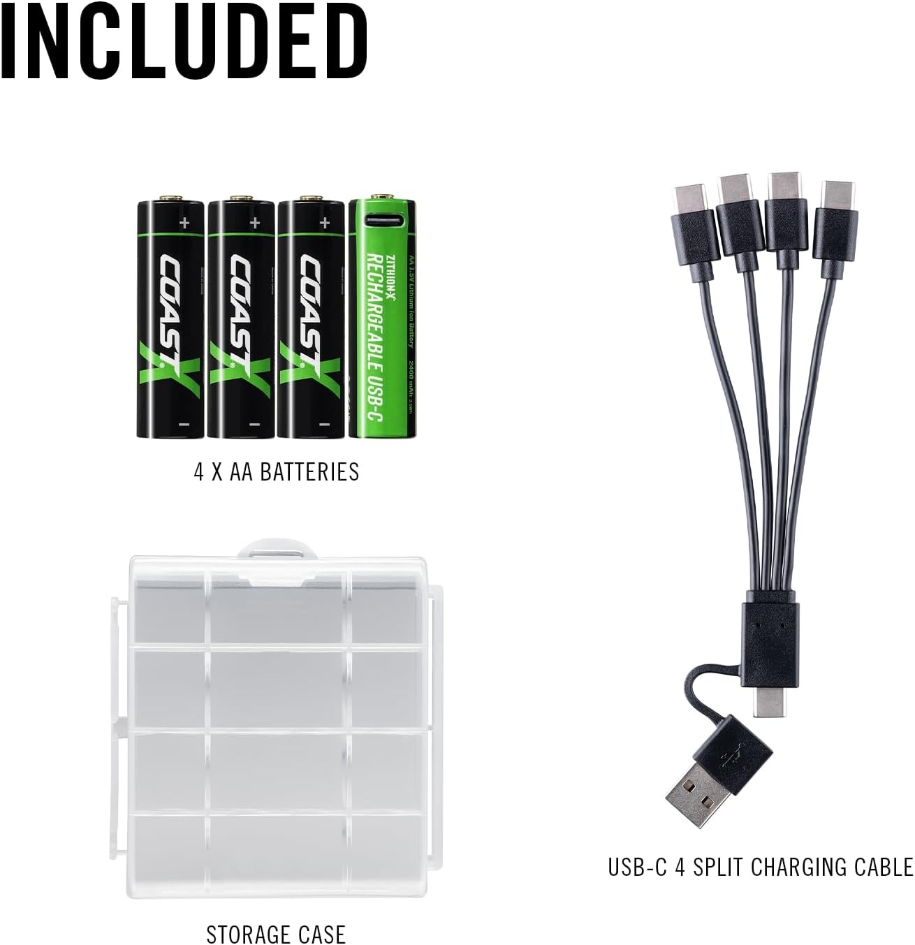Coast AA USB-C Rechargeable Batteries, ZITHION-X, Lithium Ion 1.5v 2400 mAh, Long Lasting, Charges Under 2.5 Hours, Charging Cable Included, 8-Battery Pack(AA USB-C  4-Pack)