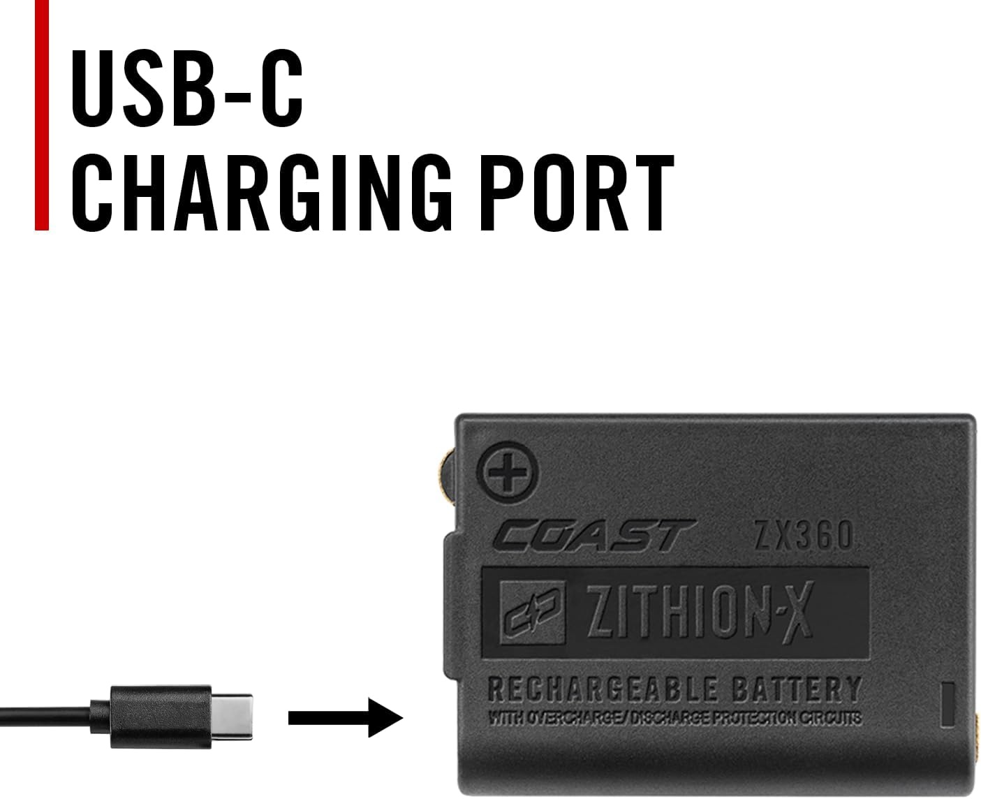 Coast ZX360 Lithium-Ion Rechargeable Battery with Battery Charge Indicator and Overcharge Protection, USB-C ***ONLY Compatible FLX25R and FLX27R Headlamps***