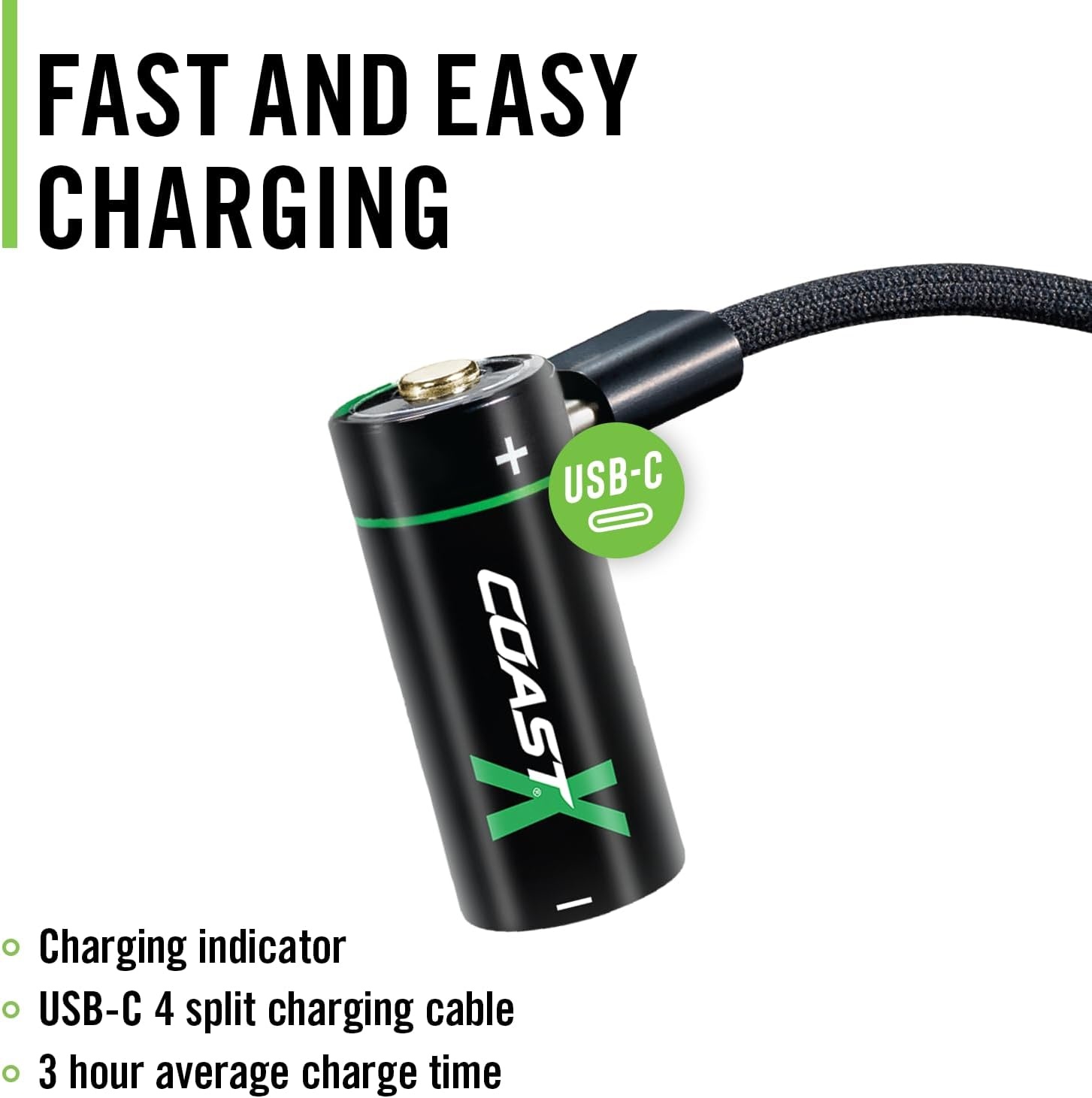 Coast ZX CR123 USB-C Rechargeable Batteries, ZITHION-X, Lithium Ion 1.5v 1100 mAh, Long Lasting, Charges Under 3 Hours, Charging Cable Included, for Tools and Devices – 2 Batteries