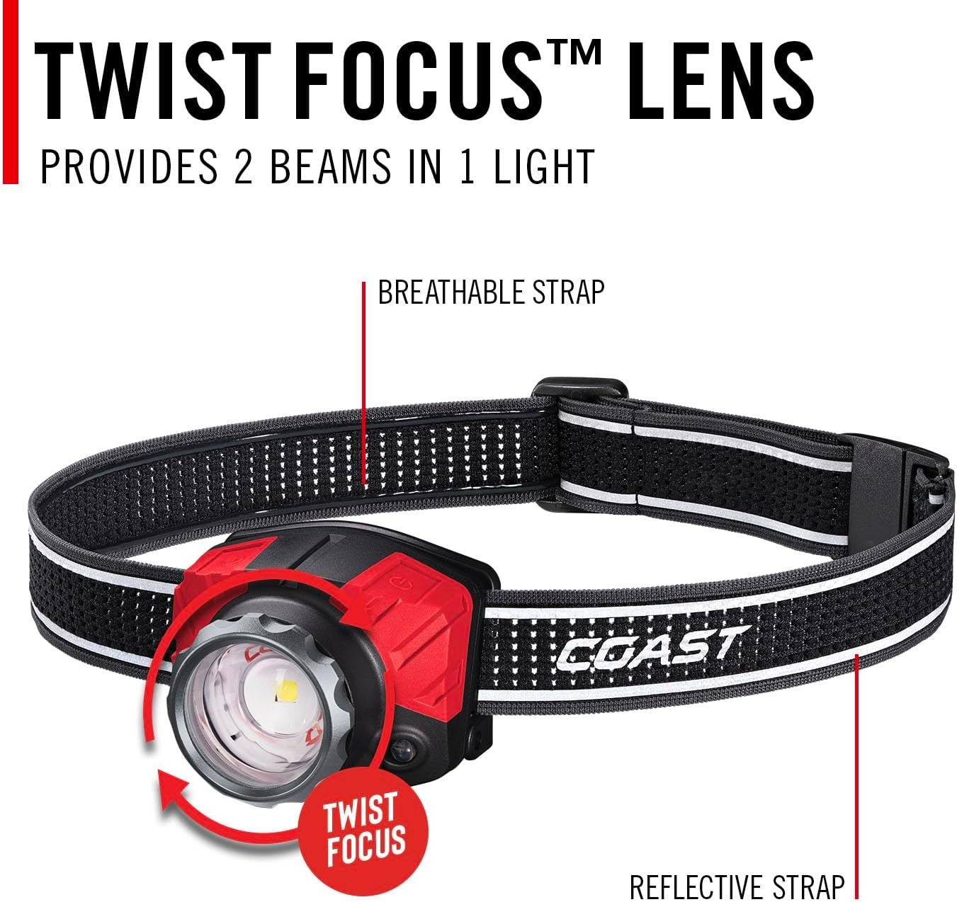 Coast® FL85R 1000 Lumen Tri-Color (White/Red/Green) Focusing Rechargeable LED Headlamp, Built-in Rechargeable Battery(Built-In Battery)
