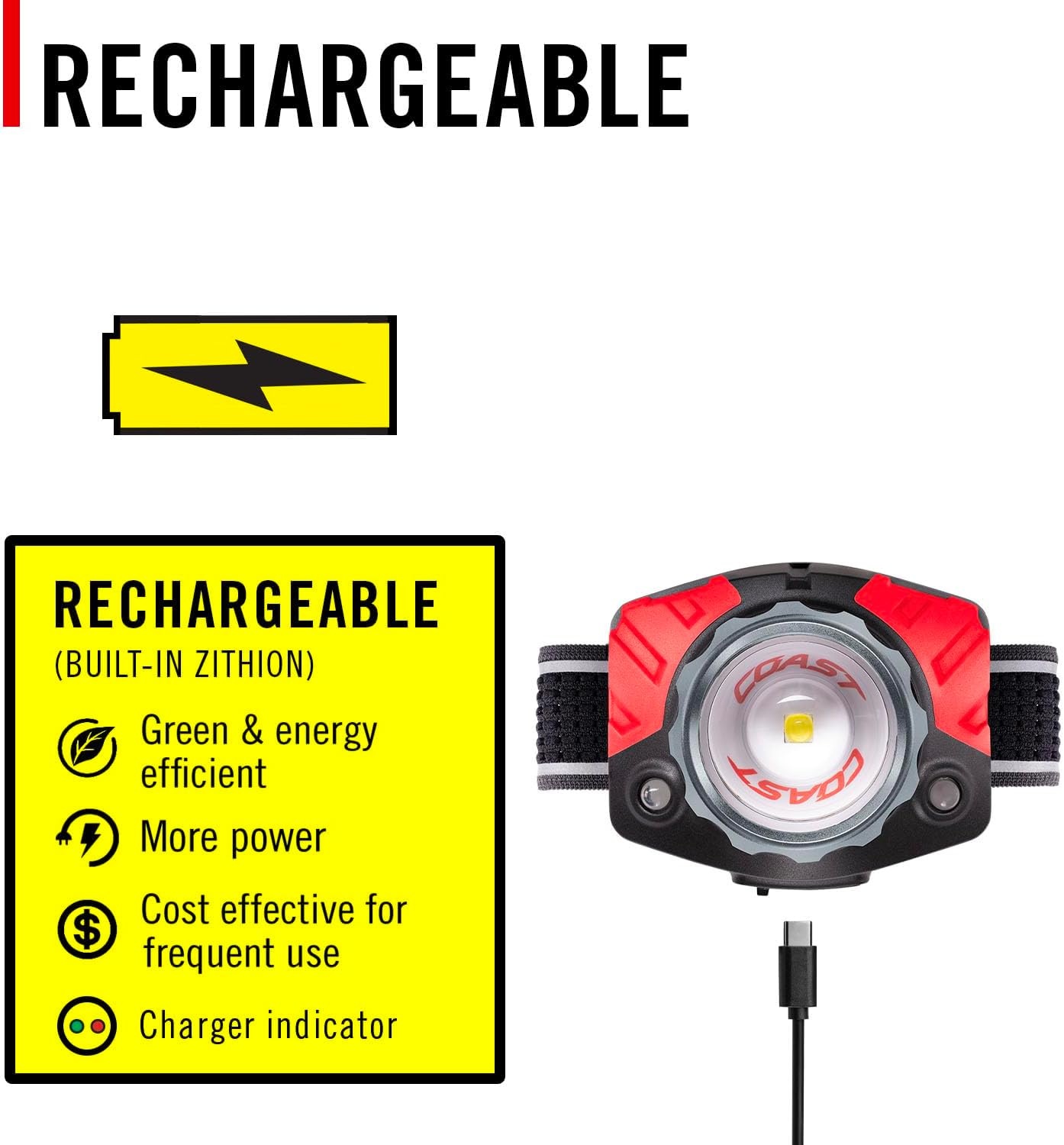 Coast® FL85R 1000 Lumen Tri-Color (White/Red/Green) Focusing Rechargeable LED Headlamp, Built-in Rechargeable Battery(Built-In Battery)