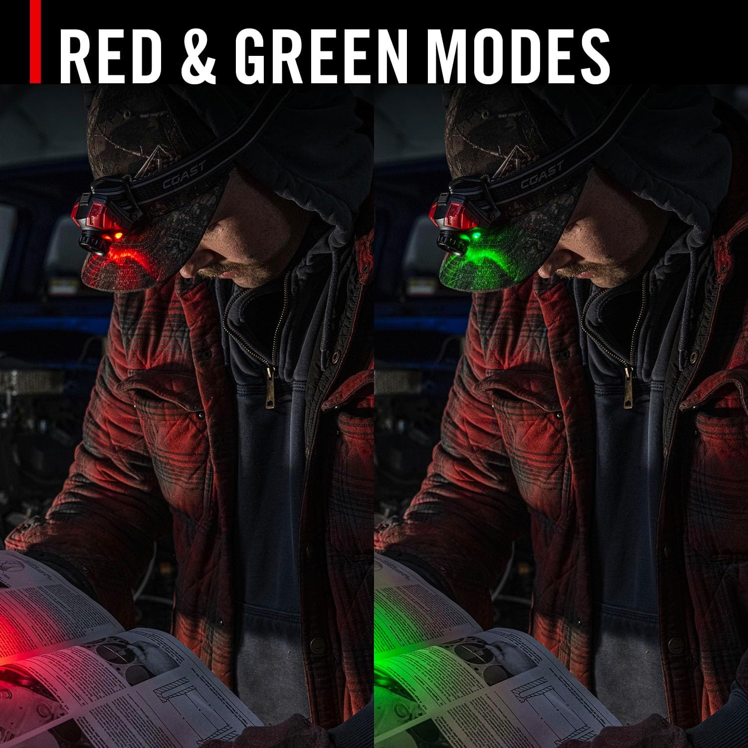 Coast® FL85R 1000 Lumen Tri-Color (White/Red/Green) Focusing Rechargeable LED Headlamp, Built-in Rechargeable Battery(Built-In Battery)