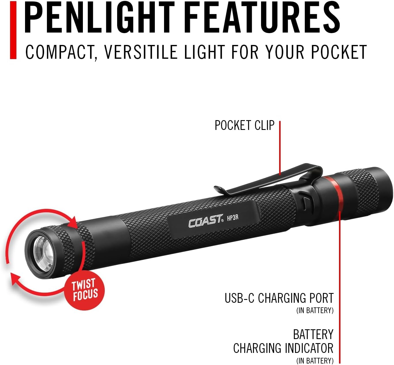 COAST HP3R 500 Lumen Rechargeable LED Penlight with TWIST FOCUS, Black(Black)