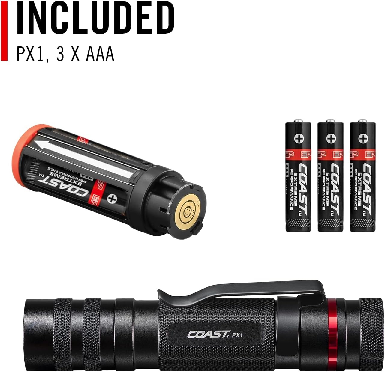 Coast PX1 565 Lumen Pure Beam Focusing LED Flashlight with Twist Focus and Adjustable Pocket Clip