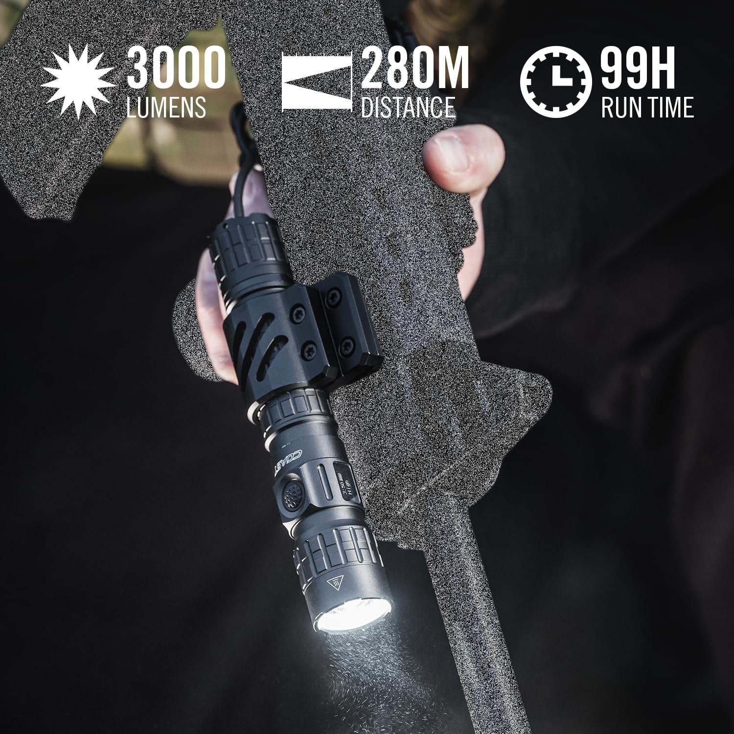 Coast TX300R 3000 Lumen Rechargeable Long Range Tactical LED Flashlight with Strobe, Spot and Flood Beams – POWERiQ™ Digital Display, Durable Aluminum Build – Flashlight & Remote Switch Included